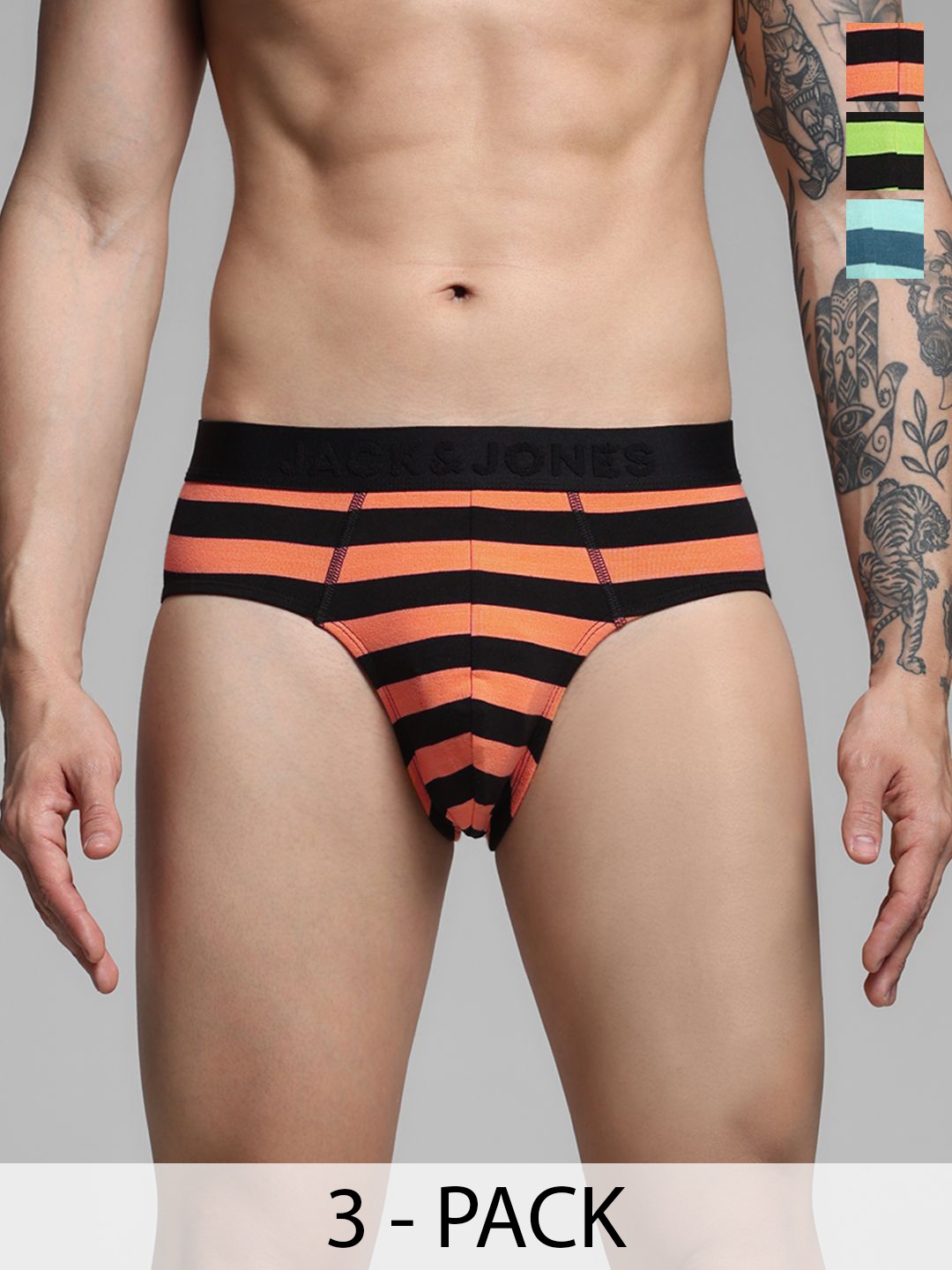 

Jack & Jones Men Pack Of 3 Striped Basic Briefs - 9013160001, Orange