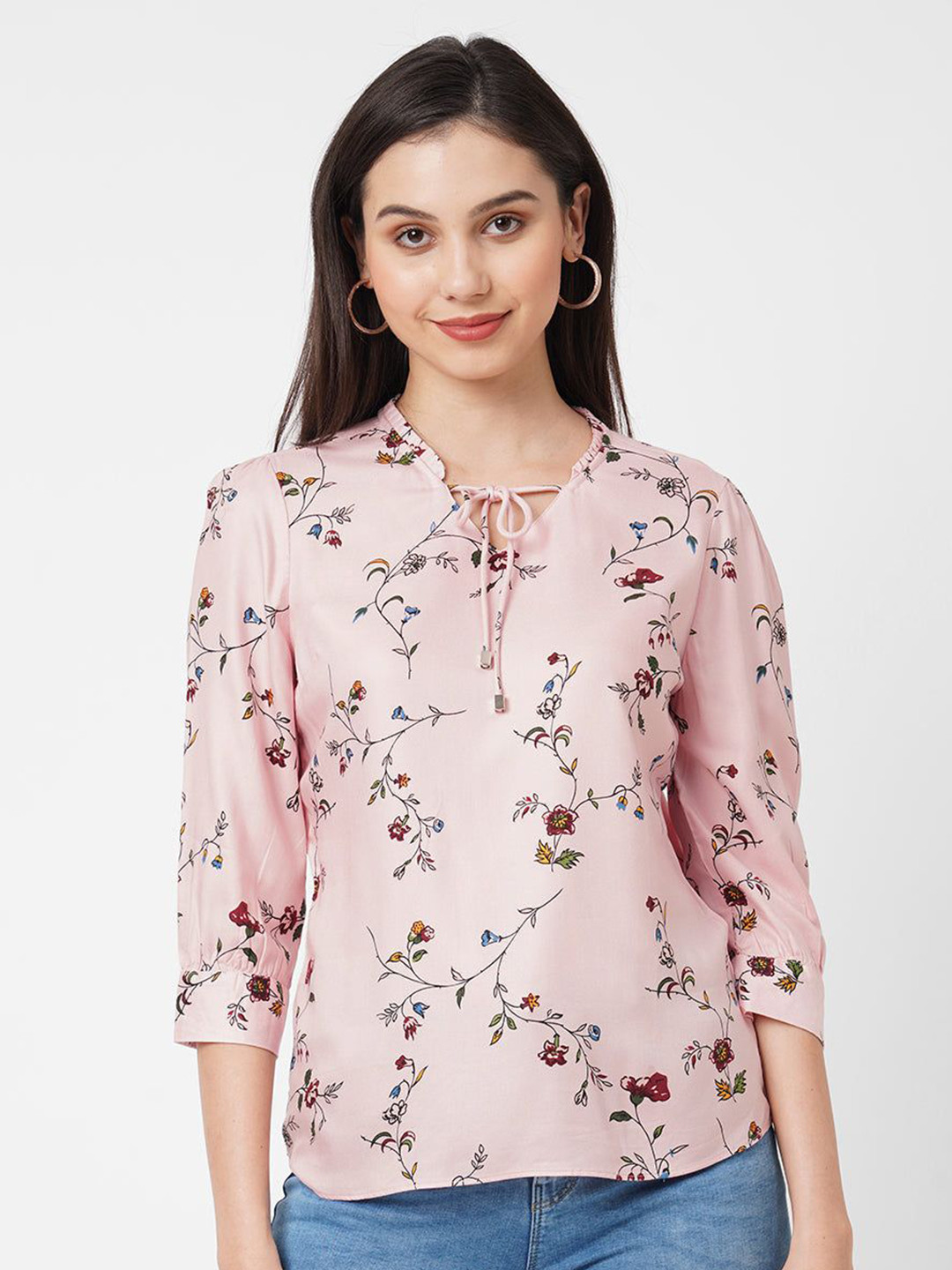 

Kraus Jeans Women Floral Printed Cuffed Sleeves Tie-Up Neck Top, Pink