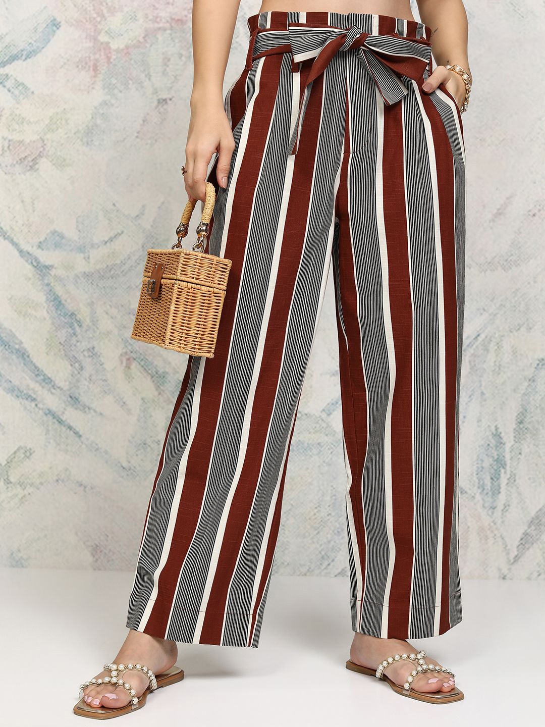 

Tokyo Talkies Women Striped Wide Leg Mid-Rise Trouser, Rust