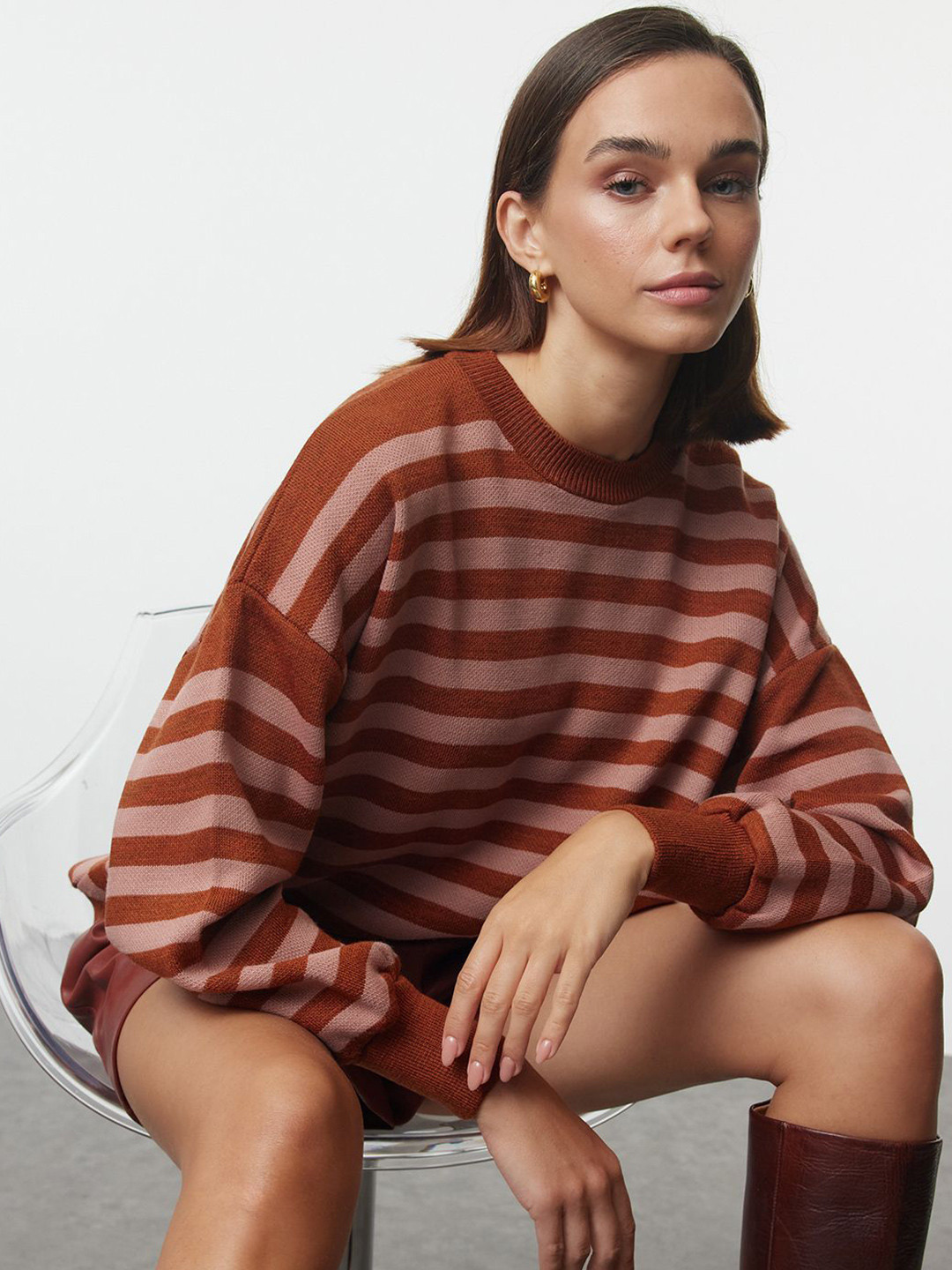 

Trendyol Women Striped Round Neck Top, Brown