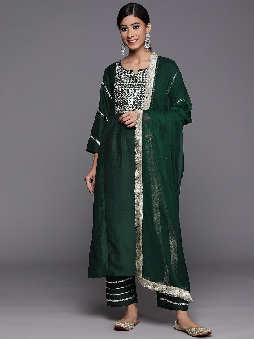 

KALINI Women Embroidered Regular Mirror Work Kurta with Trousers & With Dupatta, Green