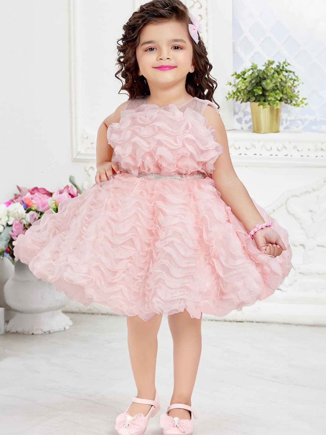 

Lagorii Girls Ruffled Embellished Fit & Flare Dress, Peach