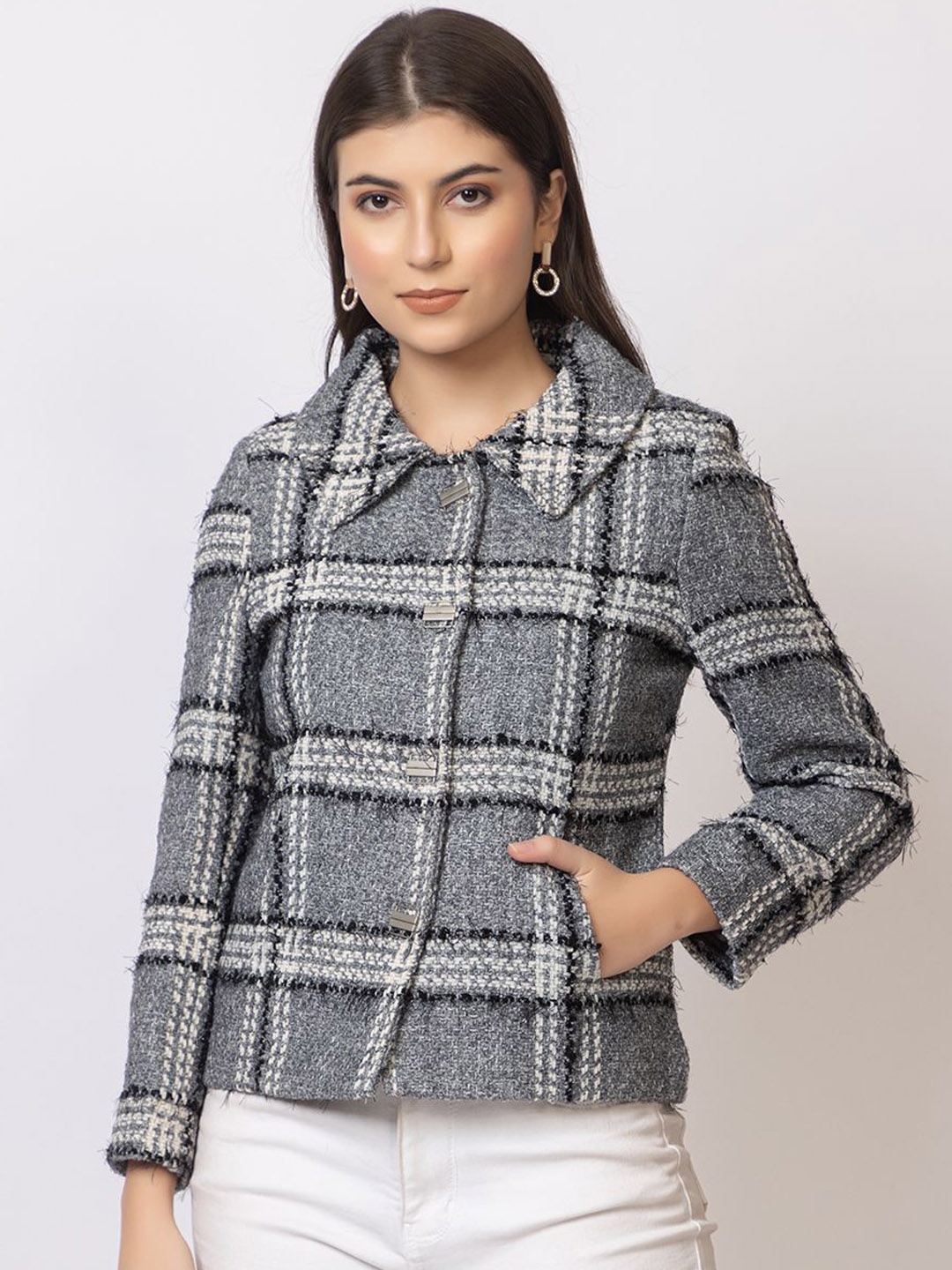 

Navsha Checked Single-Breasted Overcoat, Grey