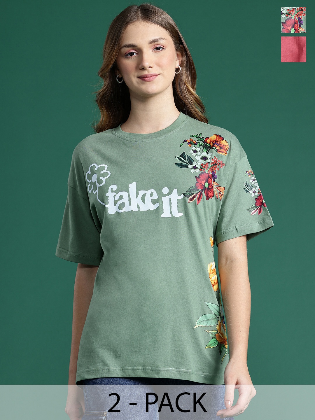 

DressBerry Pack of 2 Printed Drop-Shoulder Sleeves Pure Cotton T-shirts, Green