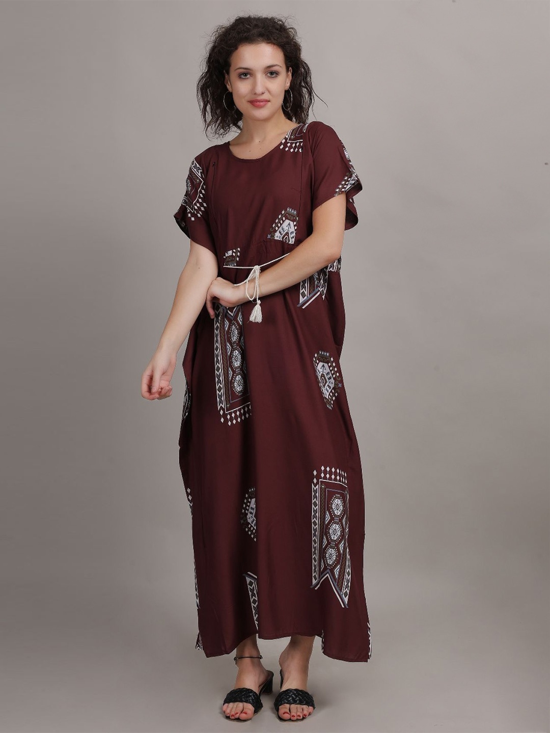 

Fabme Women Ethnic Motifs Printed Kaftan Maternity Dress, Maroon