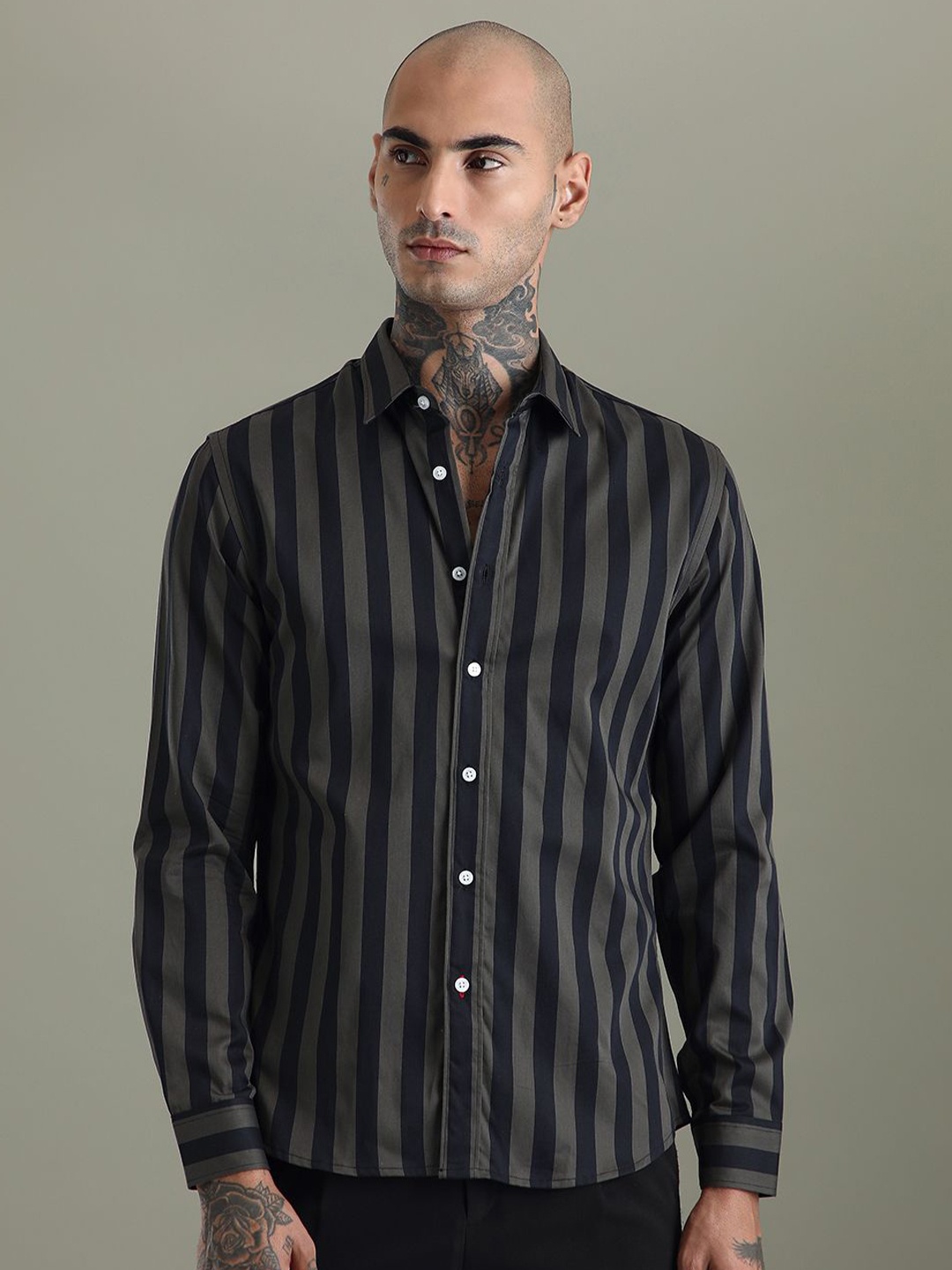 

Banana Club Men Classic Slim Fit Opaque Striped Casual Shirt, Olive