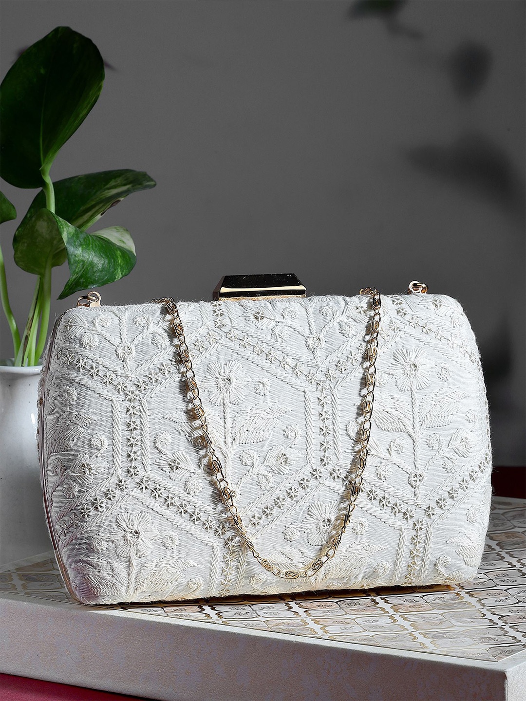 

Bohey by KARATCART Embroidered Box Clutch, White