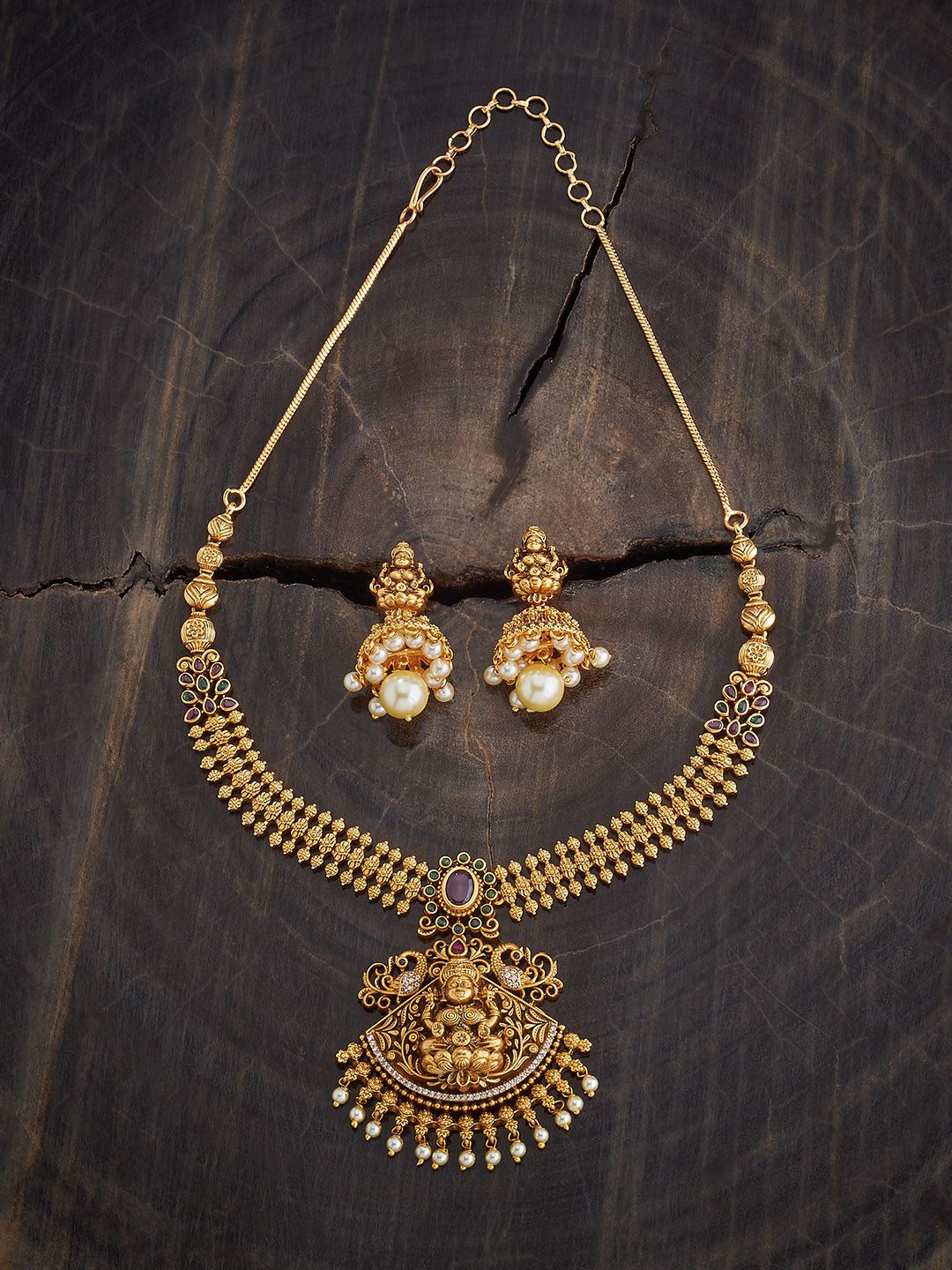 

Kushal's Fashion Jewellery Gold-Plated Ruby Kundan Studded & Beaded Antique Jewellery Set