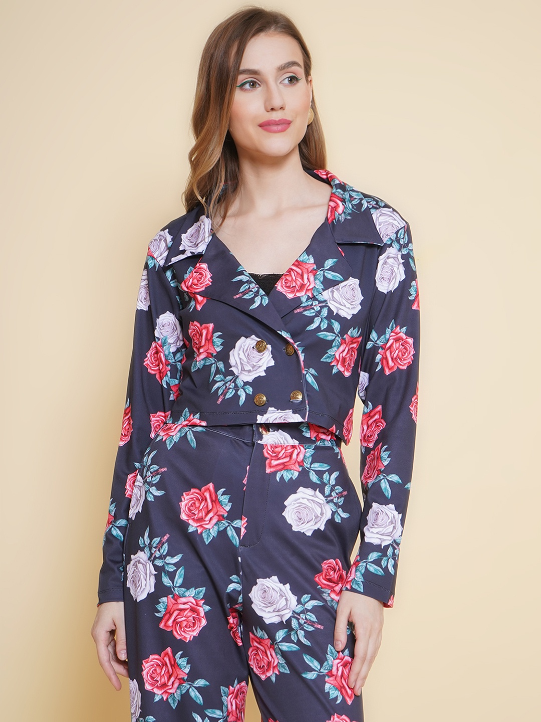 

KATLINE Printed Double-Breasted Relaxed-Fit Casual Blazer, Navy blue