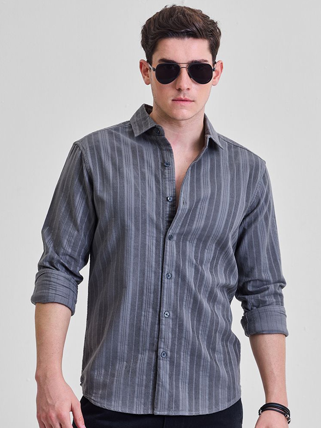 

Snitch Men Smart Slim Fit Opaque Striped Casual Shirt, Grey