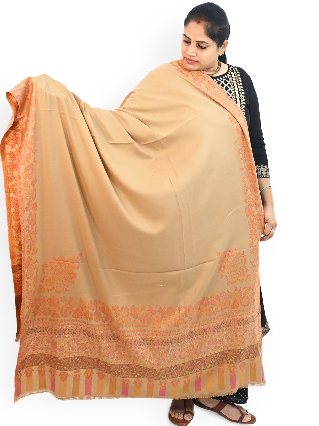 

Vrinde Women Ethnic Motifs Printed Pashmina Shawl, Beige