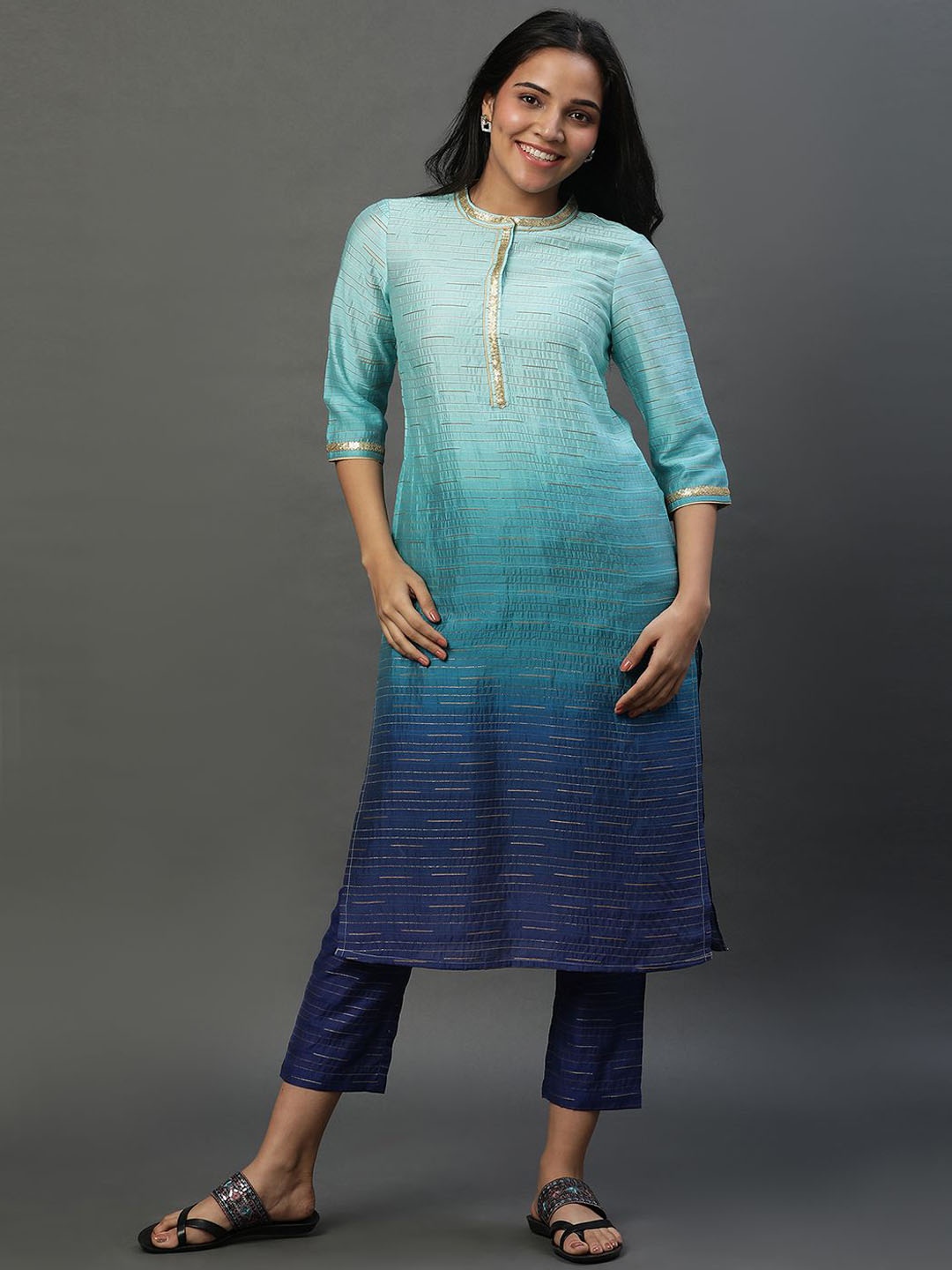 

AURELIA Women Printed Regular Kurta with Trousers, Blue