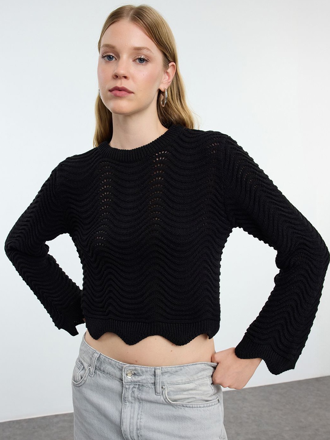 

Trendyol Women Self Design Round Neck Crop Top, Black
