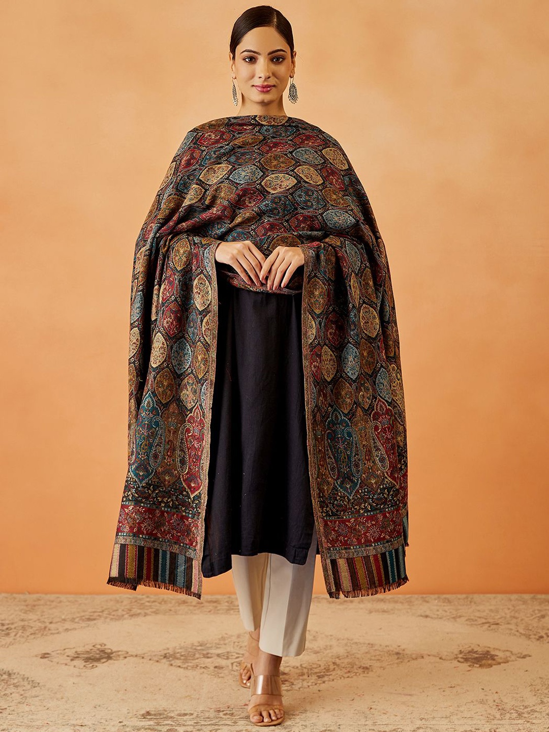 

Pashmoda Women Paisley Woven Design Shawl, Black