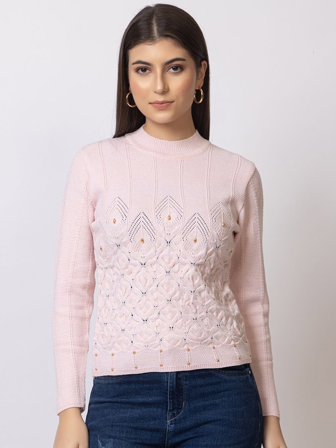 

Navsha Women Self Design Round Neck Pullover, Pink