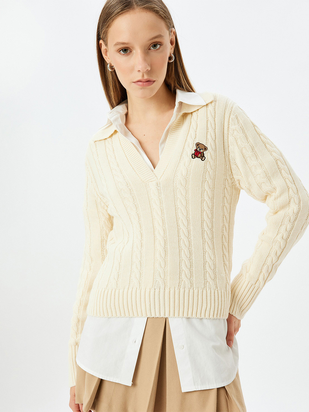 

Koton Women Cable Knit Pullover Sweater, Beige