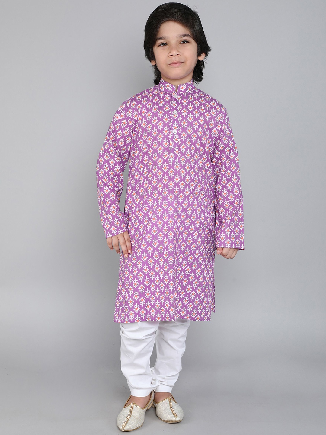 

Little Clothings Boys Floral Printed Regular Pure Cotton Kurta with Churidar, Purple