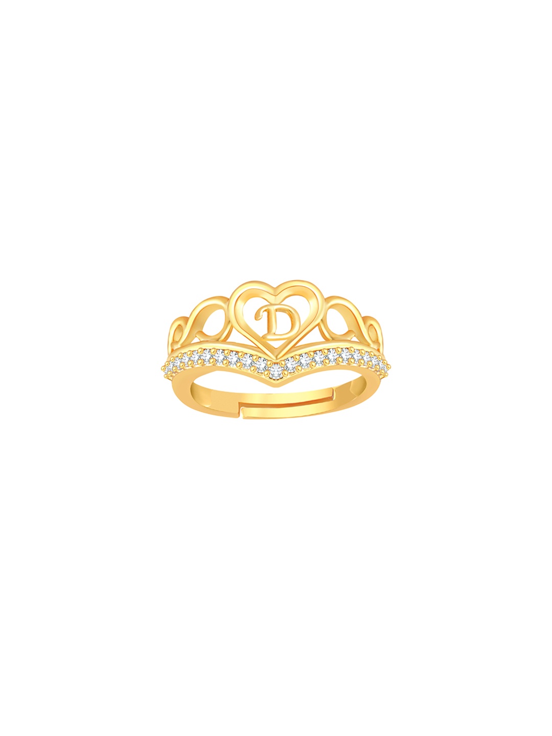 

Lila Unisex Gold-Plated Cubic Zirconia Stone Studded Alphabet D Adjustable Finger Ring