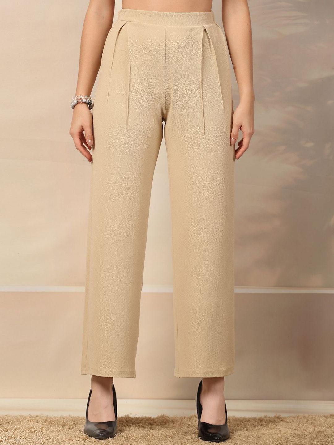 

aayu Women Relaxed Flared High-Rise Easy Wash Pleated Trousers, Nude