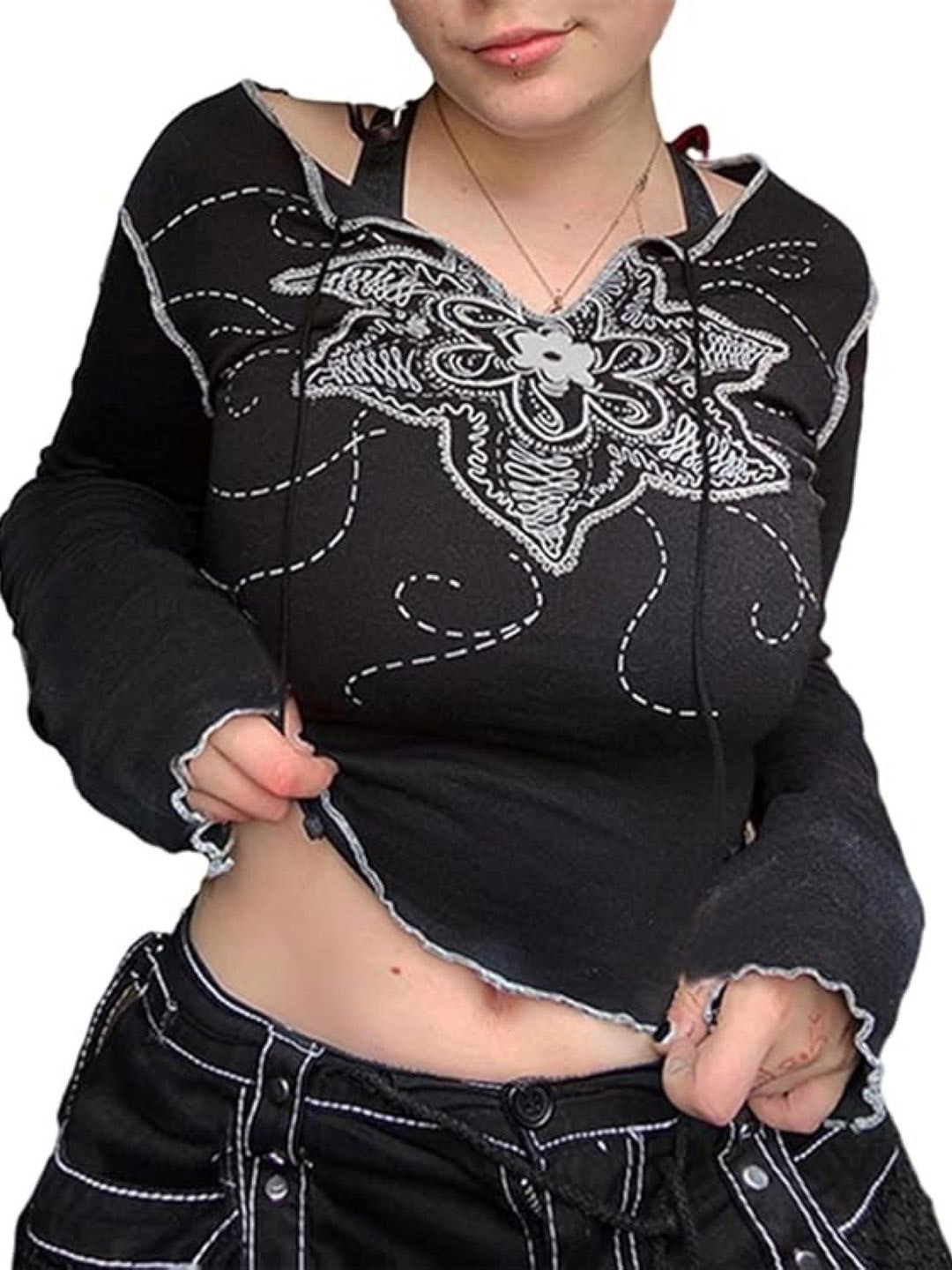 

KPOP Women Printed V-Neck Crop Top, Black