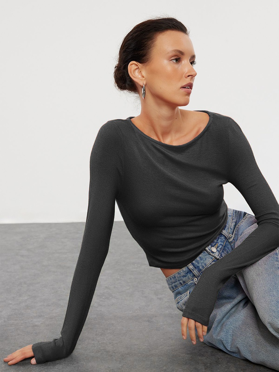 

Trendyol Women Solid Crop Top, Charcoal