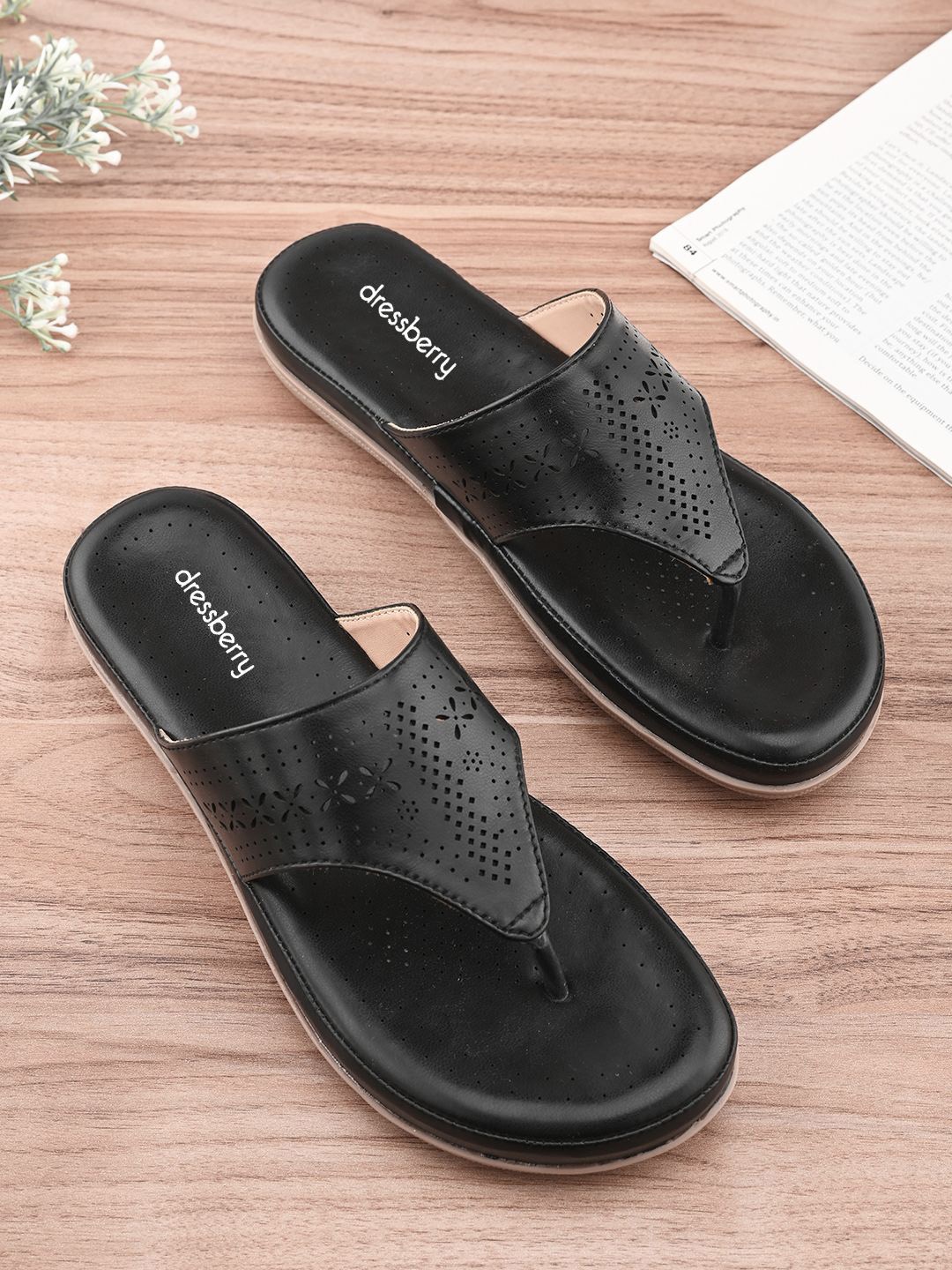 

DressBerry Women Laser Cuts Open Toe Flats, Black