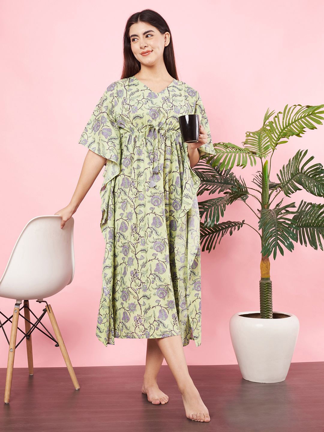 

HERE&NOW Women Floral Printed V-Neck Pure Cotton Kaftan Nightdress, Green