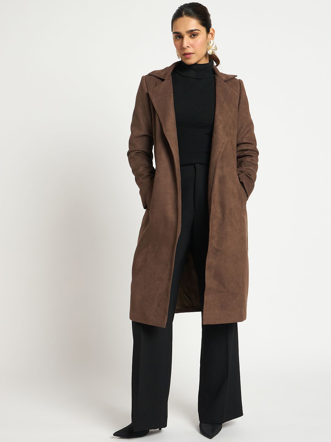 

FEMMELLA Women Notched Lapel Regular Fit Front Open Longline Overcoat, Brown