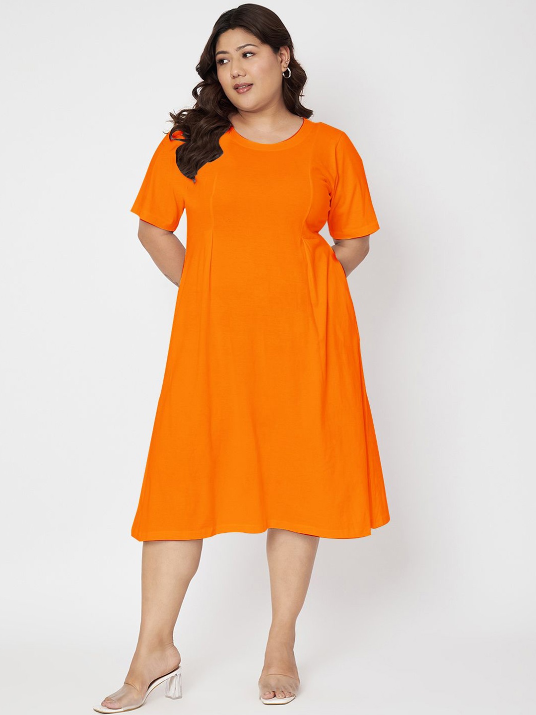 

BRINNS Women Plus Size Cotton Fit & Flare Midi Dress, Orange
