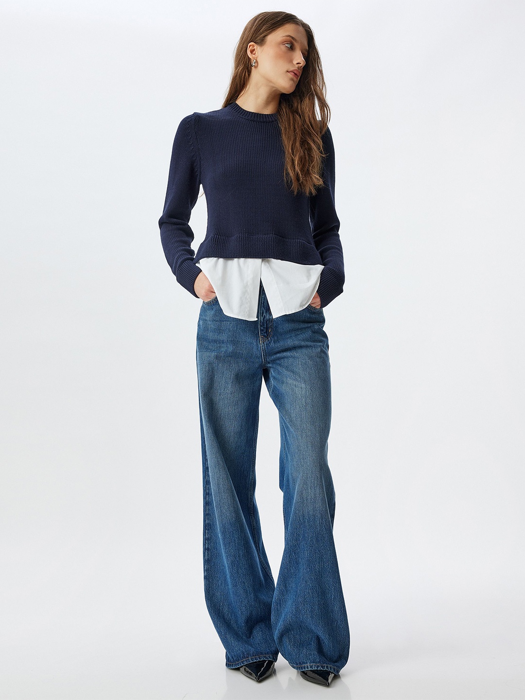 

Koton Women Round Neck Crop Pullover, Navy blue