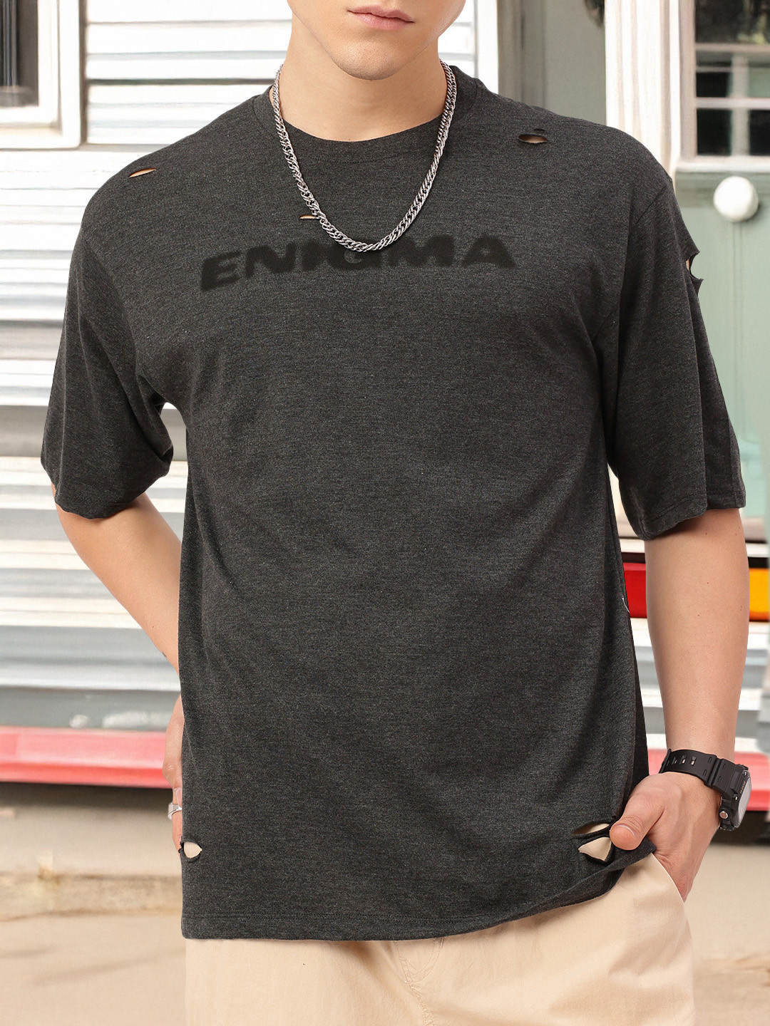 

Kook N Keech Urban Edge Printed Fish Eye Coutouts Relaxed Fit T-shirt, Charcoal