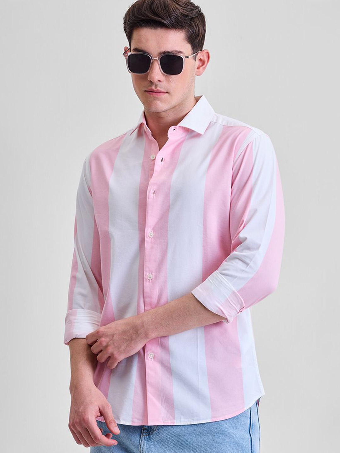 

Snitch Men Smart Slim Fit Opaque Striped Casual Shirt, Pink