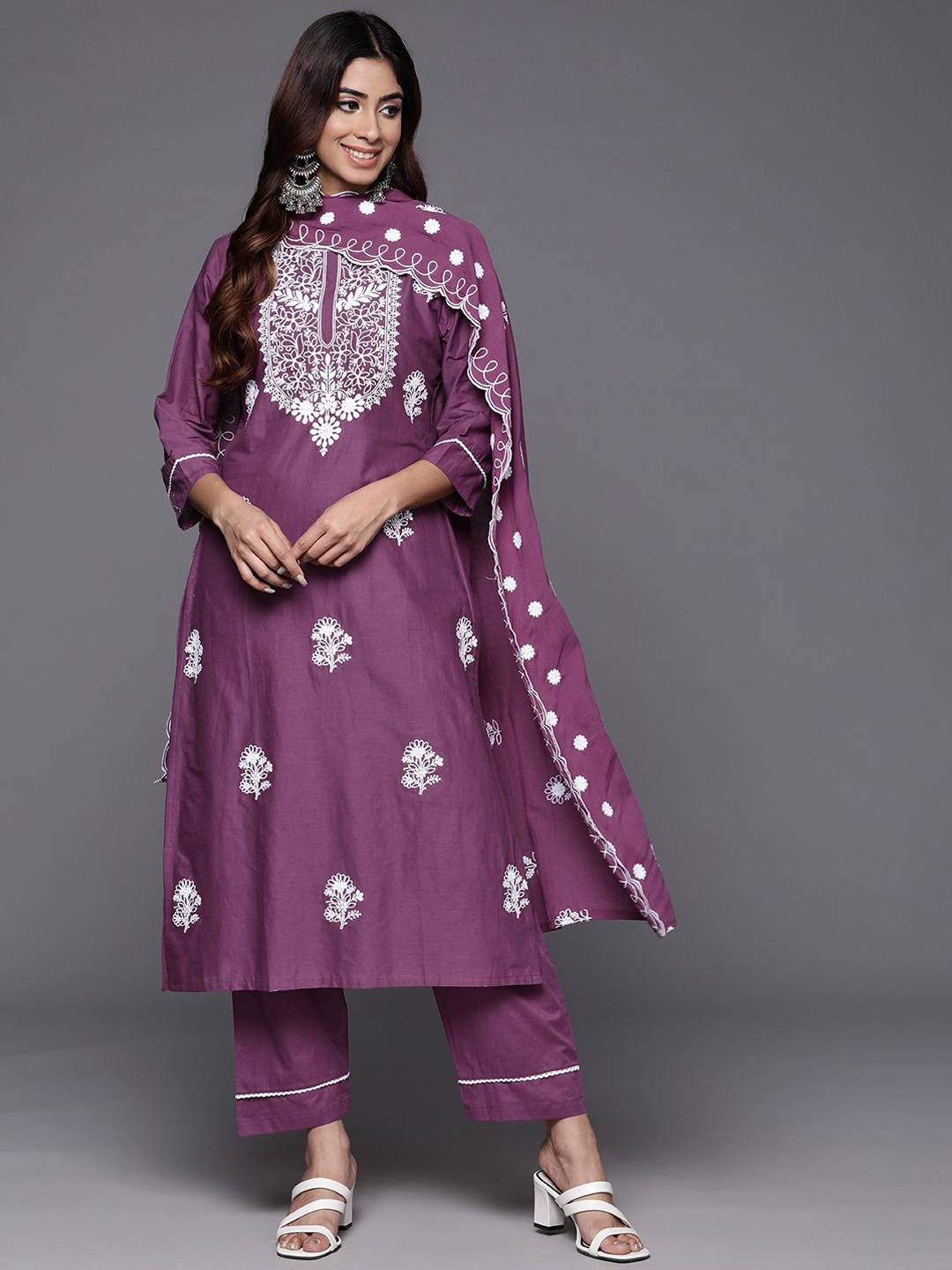 

KALINI Women Floral Embroidered Regular Thread Work Pure Cotton Kurta with Trousers & With Dupatta, Purple