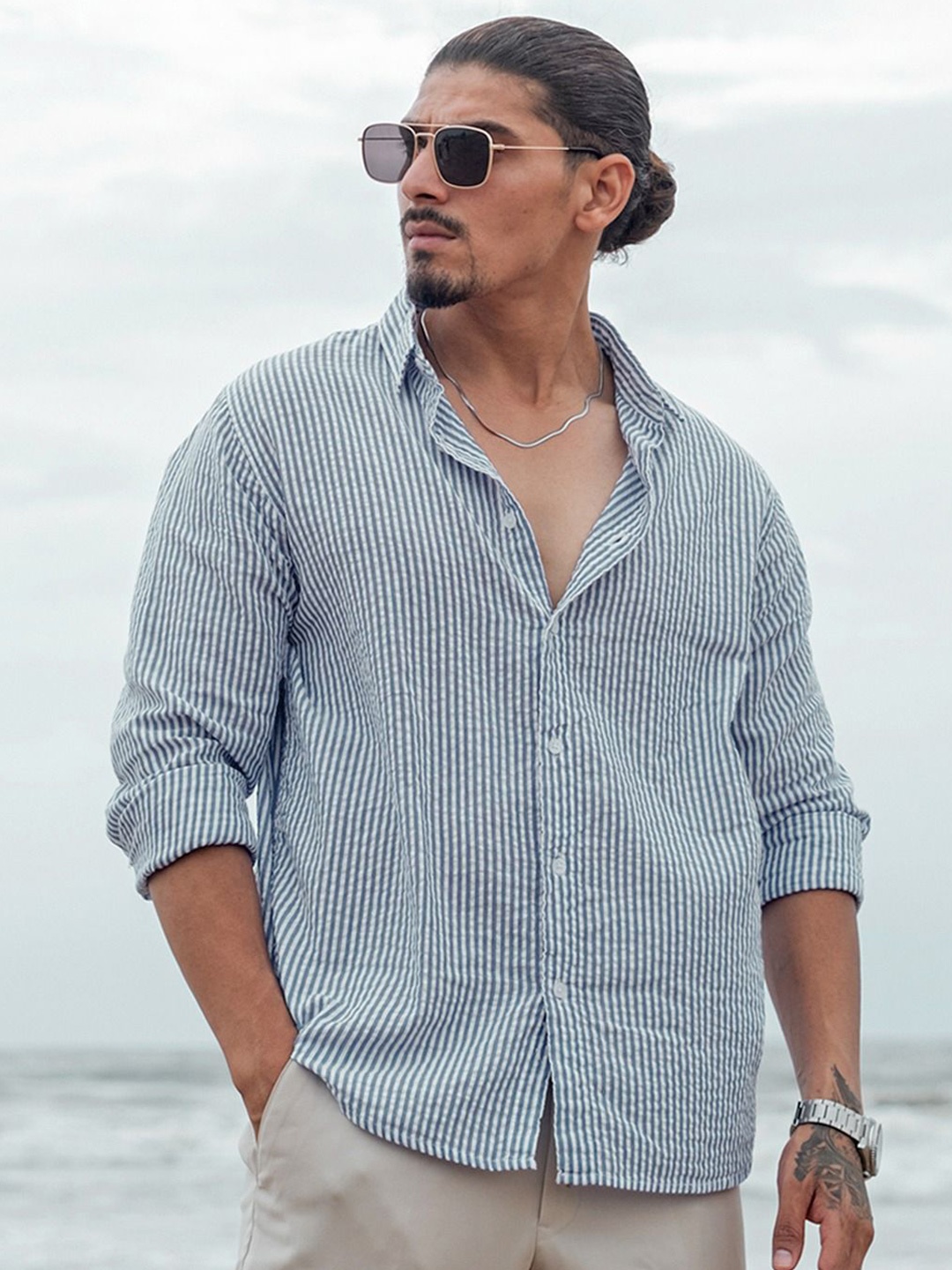 

Powerlook Men Opaque Striped Casual Shirt, Blue