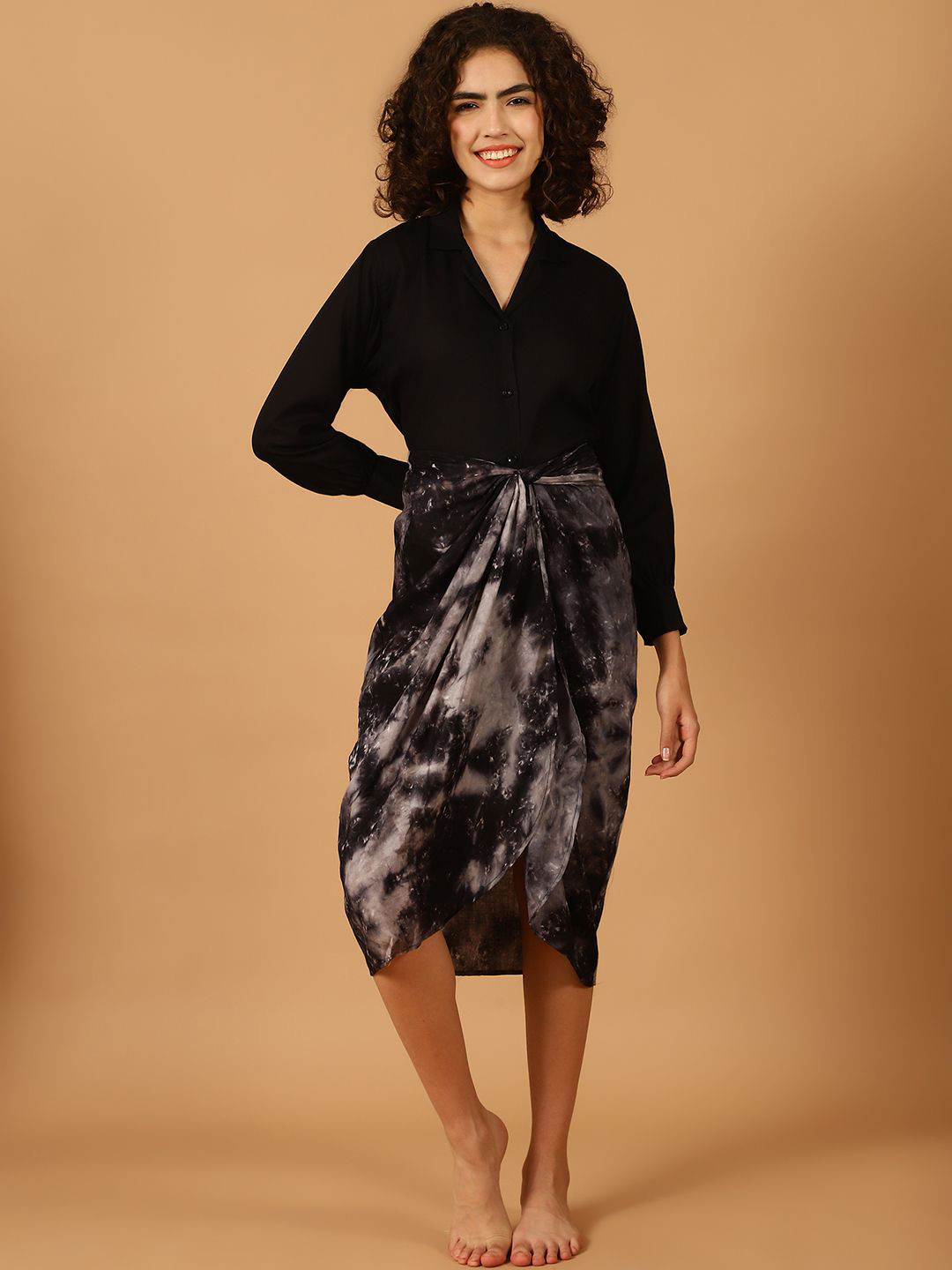 

Blissence Women Printed Shirt with Sarong Swimwear Cover-up Set, Black