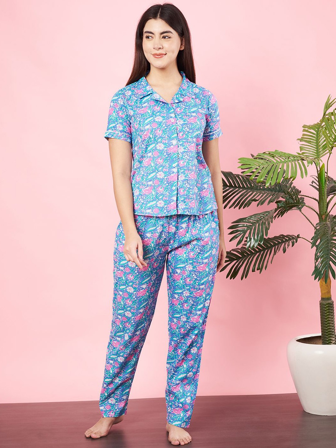 

HERE&NOW Women Printed Short Sleeves Pure Cotton Night suit, Blue