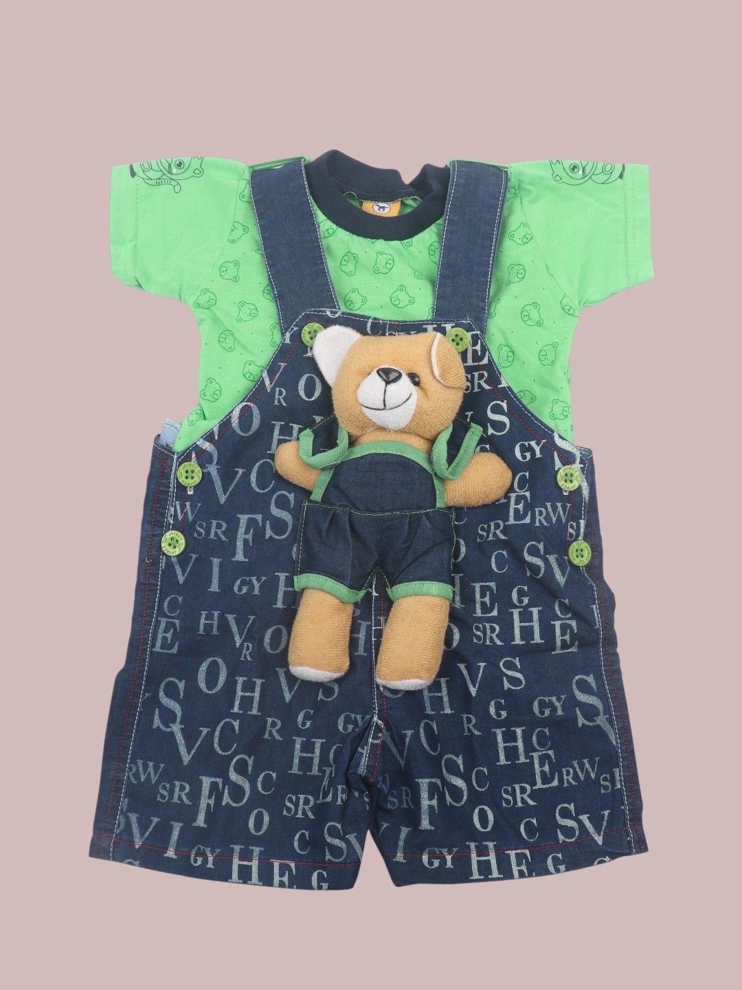 

Yellow Bee Infant Boys Teddy Bear Printed Dungaree With T-Shirt, Green
