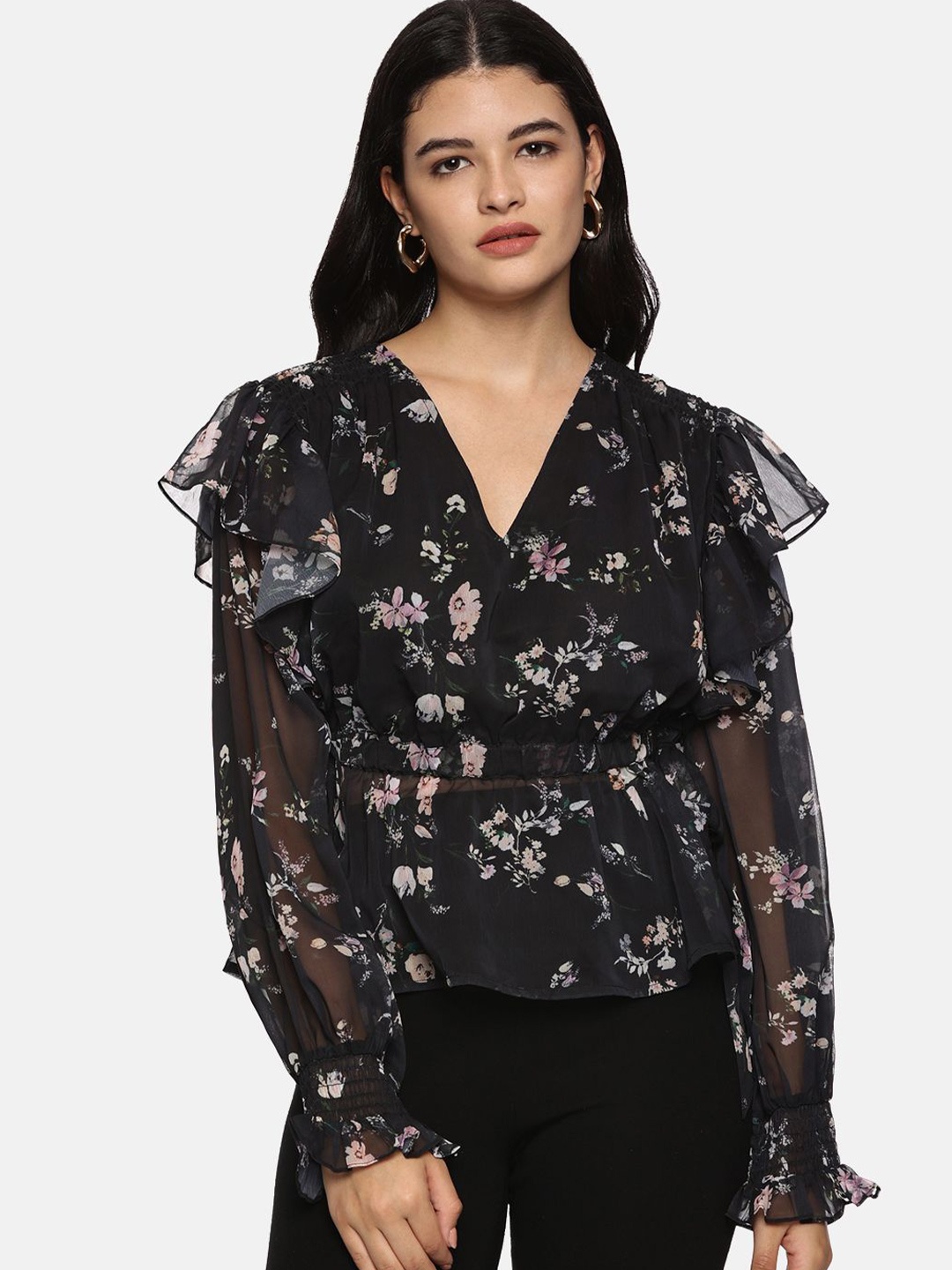 

ISU Women Floral Printed Chiffon Wrap Top, Black