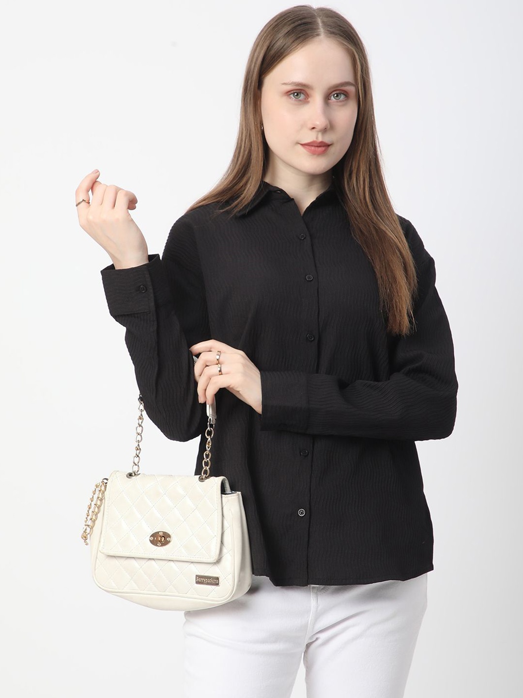 

R&B Women Self Design Shirt Style Cuffed Sleeves Casual Top, Black