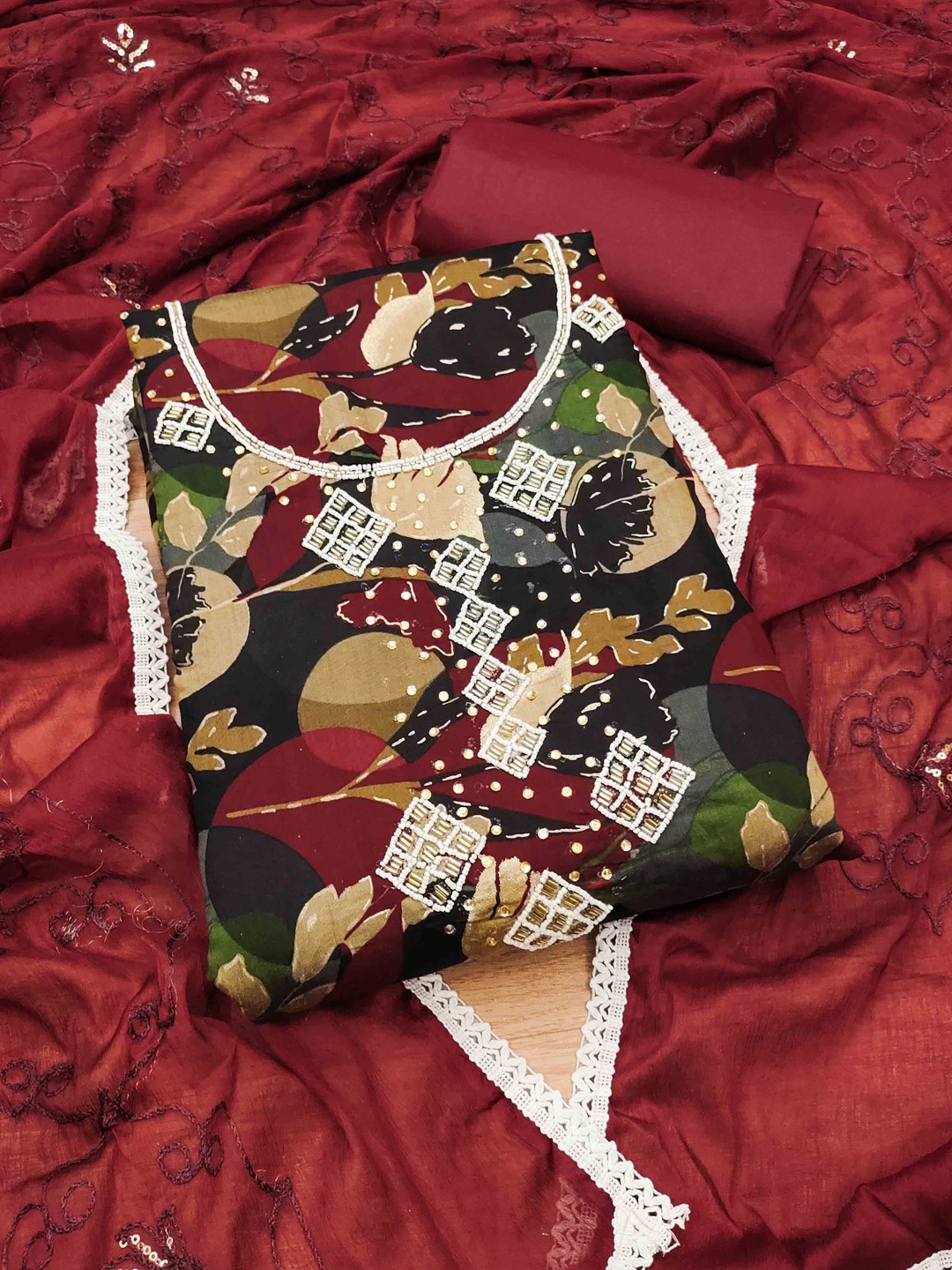 

KIMISHA Embellished Unstitched Dress Material, Maroon