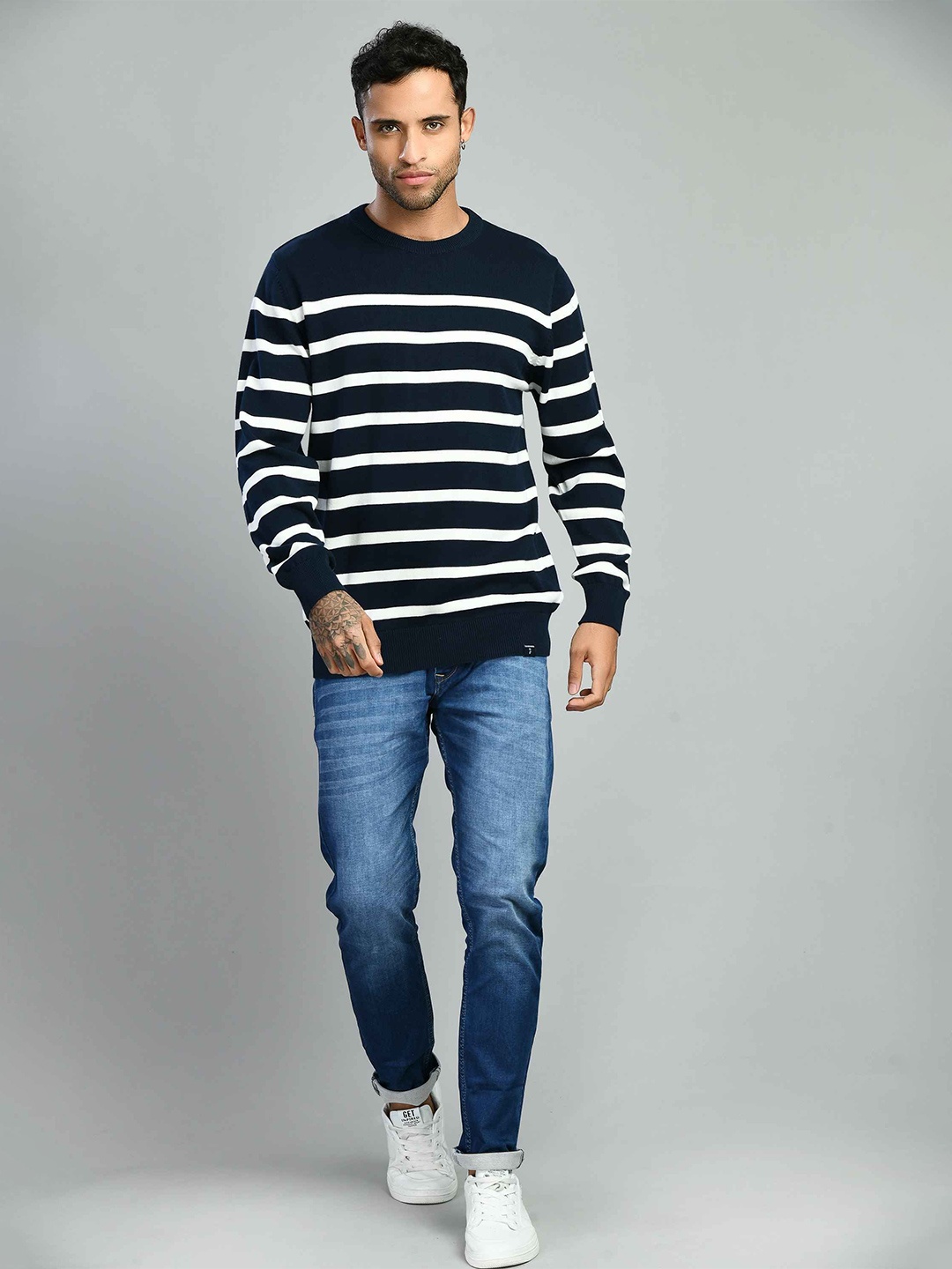 

JOSE N POSE Men Striped Round Neck Long Sleeves Pullover Sweaters, Navy blue
