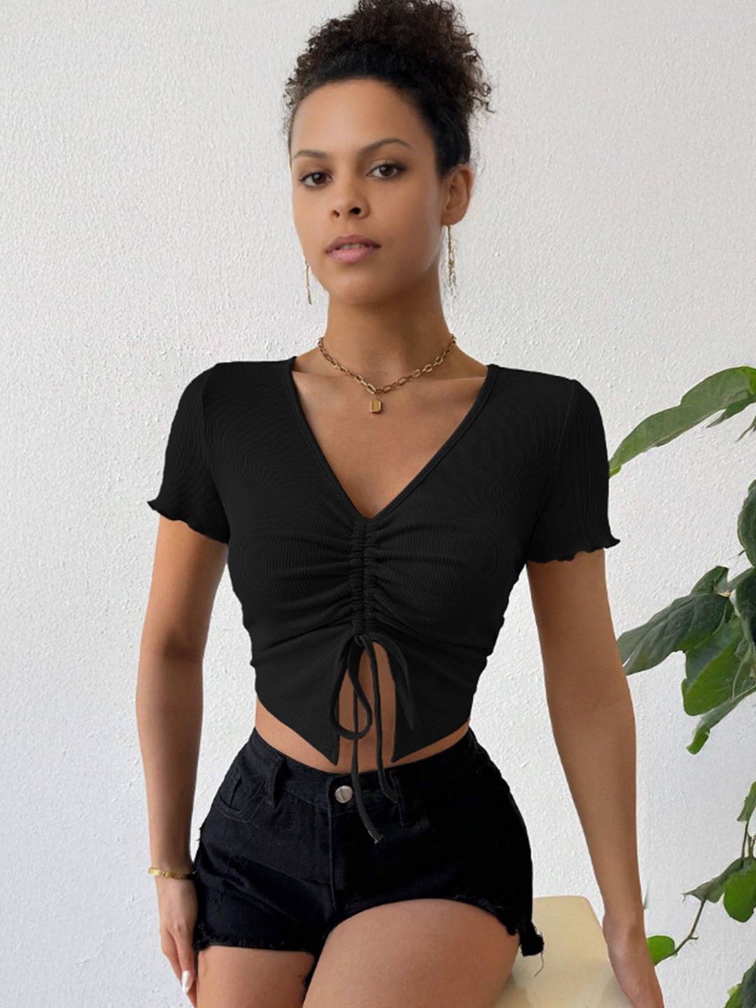 

StyleCast Women V-Neck Fitted Crop Top, Black