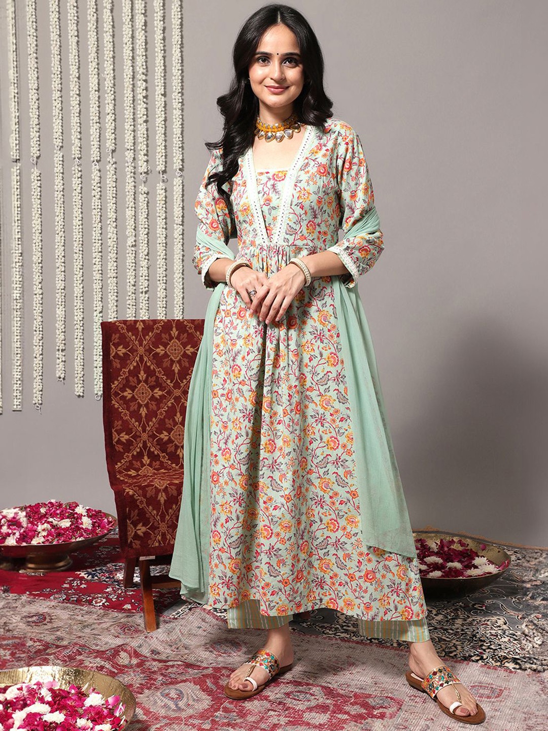

KALINI Women Floral Printed Empire Mirror Work Kurta with Trousers & With Dupatta, Sea green