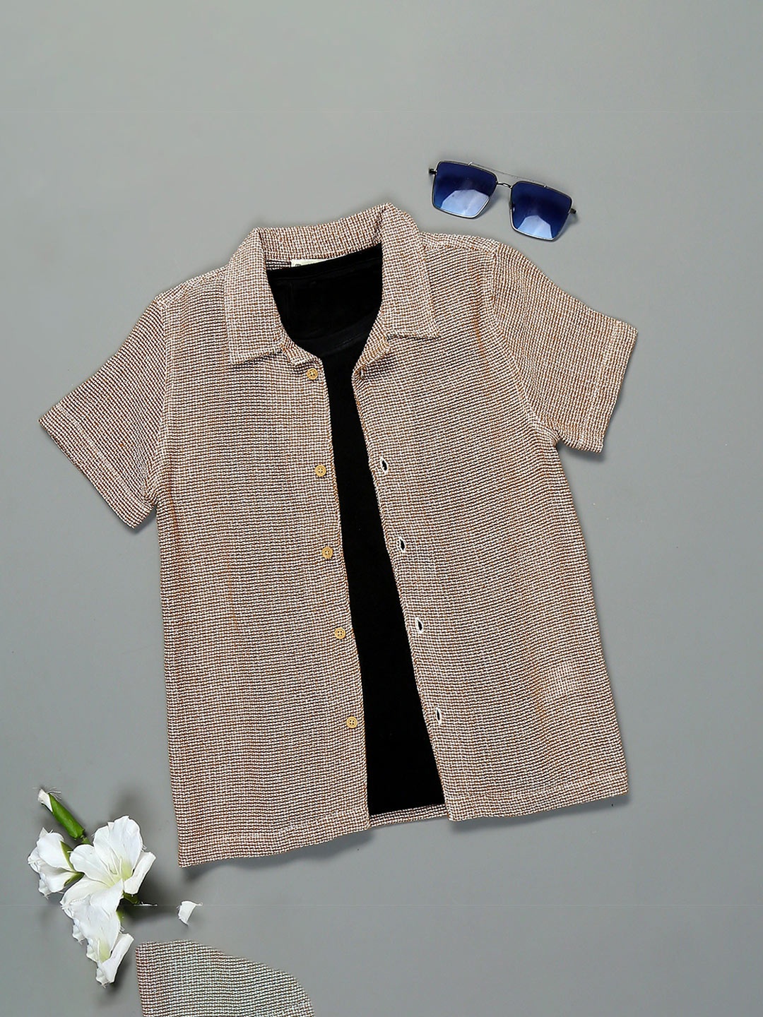 

The Lion and The Fish Boys Comfort Textured Opaque Cotton Casual Shirt, Brown