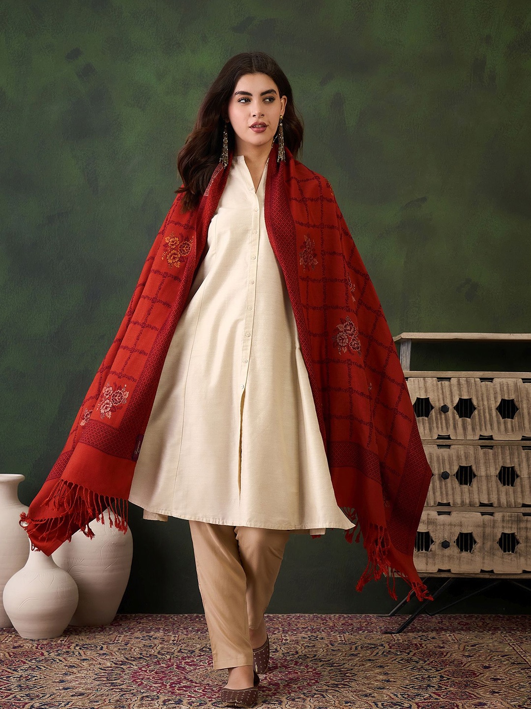 

Sangria Ethnic Motifs Woven Design Winter Pashmina Shawl With Tassel, Red