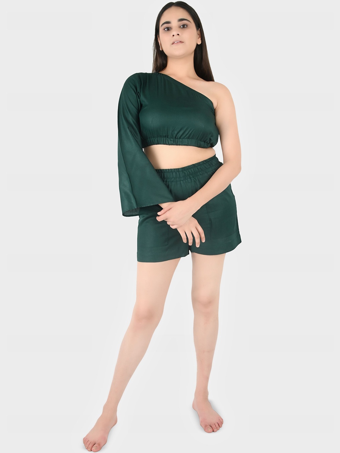 

Blissence One Shoulder Neck Long Sleeves Swimwear cover up Set, Green