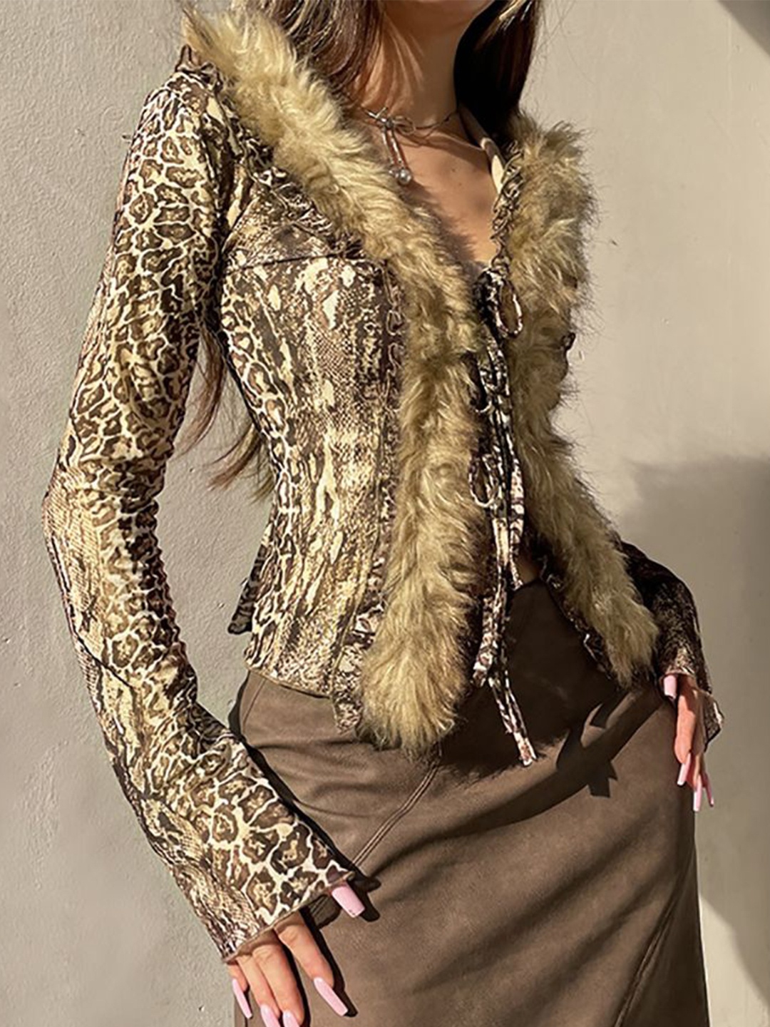 

StyleCast x Revolte Women Animal Printed Tie-Up Neck Regular Top, Brown