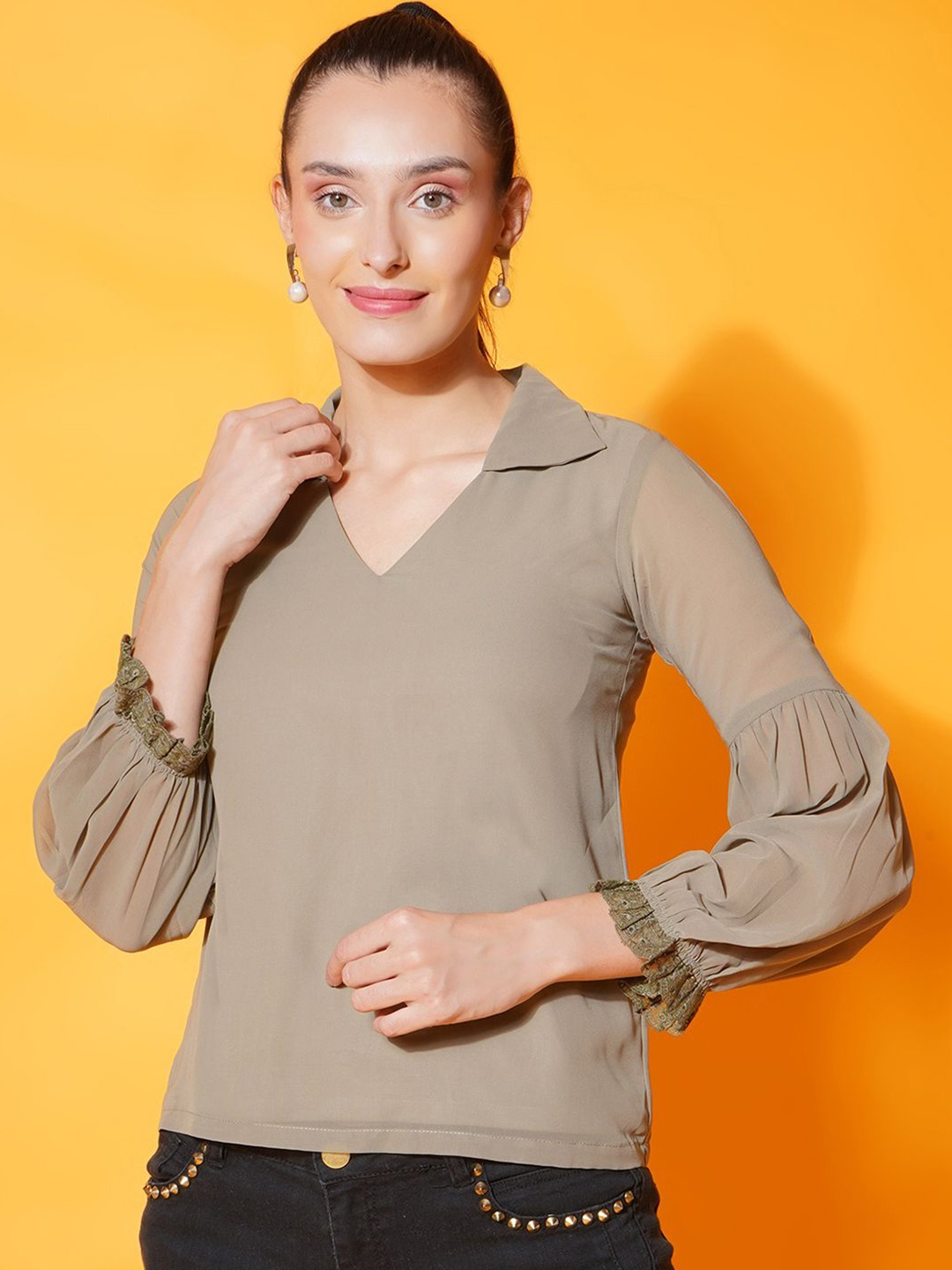 

KATLINE Women Bishop Sleeves Shirt Style Top, Grey