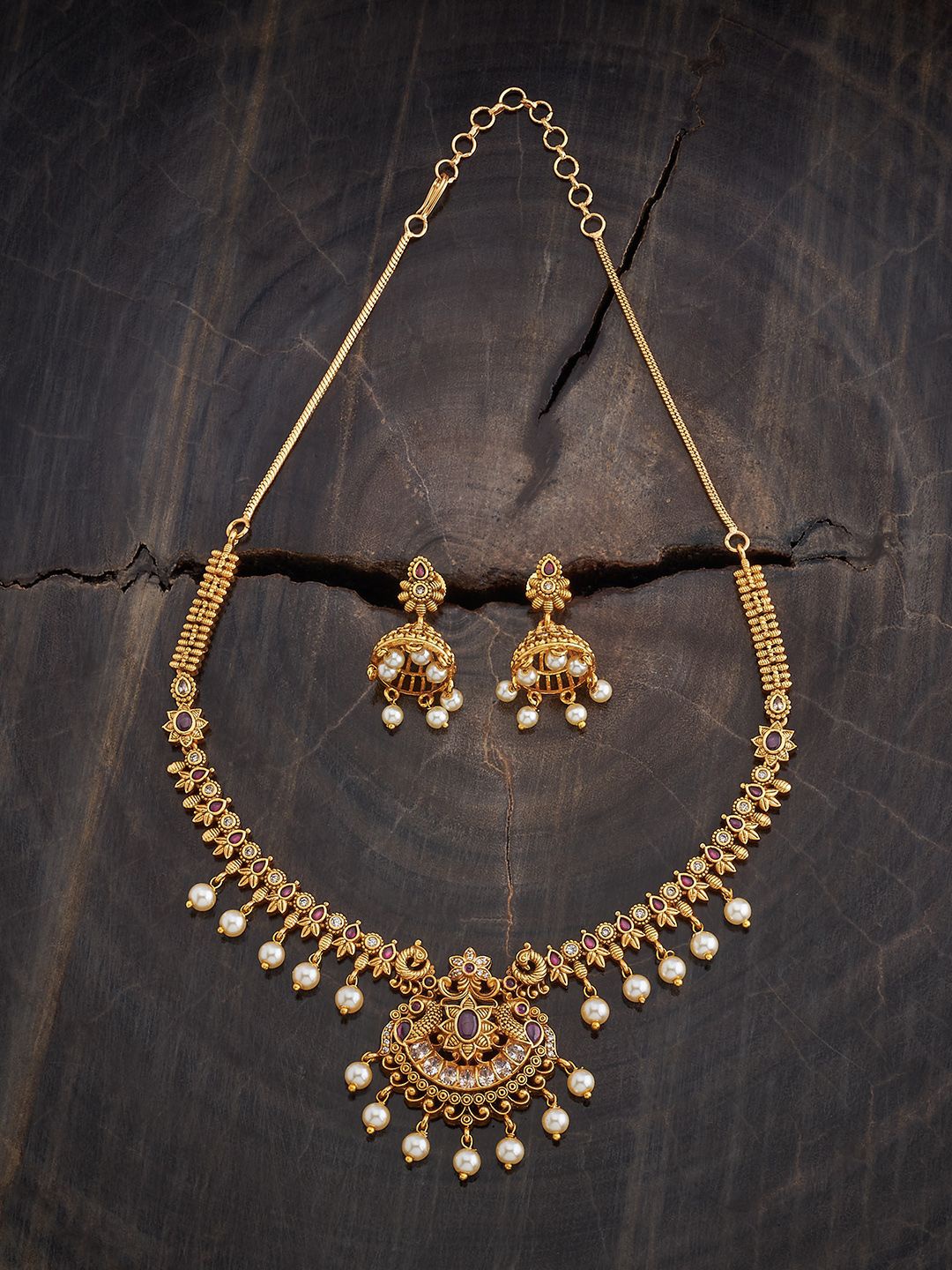 

Kushal's Fashion Jewellery Gold-Plated Ruby Stone Studded Antique Jewellery Set