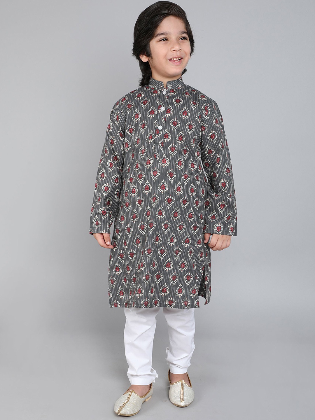 

Little Clothings Boys Ethnic Motifs Printed Regular Pure Cotton Kurta with Churidar, Grey